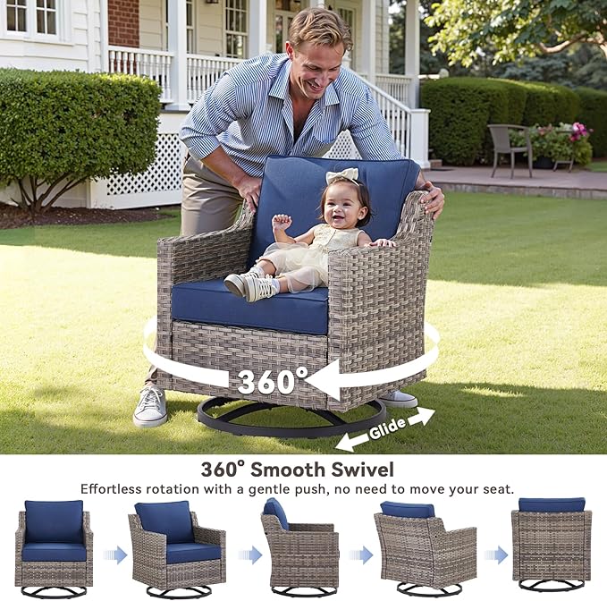 Patio Wicker Chairs Swivel Rocker-Outdoor Swivel Rocker Chair Set of 4 with All Weather Wicker Glider Rocker Set, PE Rattan Swivel Rocking Chair with 2 Side Table for Balcony Deck Porch Grey/Blue