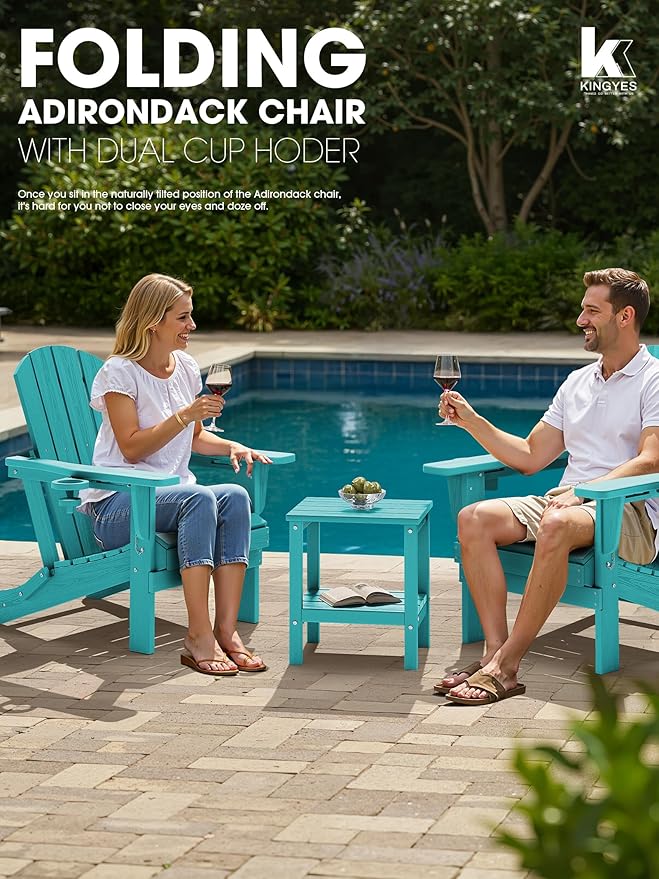 KINGYES Folding Adirondack Chair Set of 8, Dual Cup Holders & All-Weather HDPE, Wood-Like Patio Chair for Backyard, Camping, Pool & Fire Pit, Aruba