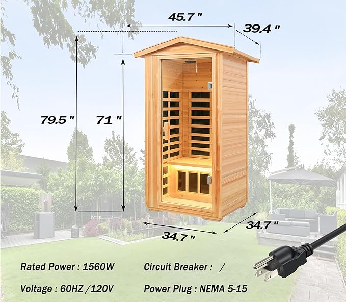 LTCCDSS 1-Person Low EMF Outdoor Far Infrared Sauna - Wisconsin Basswood Saunas for Home - Bluetooth Speakers, LED Reading Lamps, Chromotherapy Lights (45.7 * 39.4 * 79.5 inch)