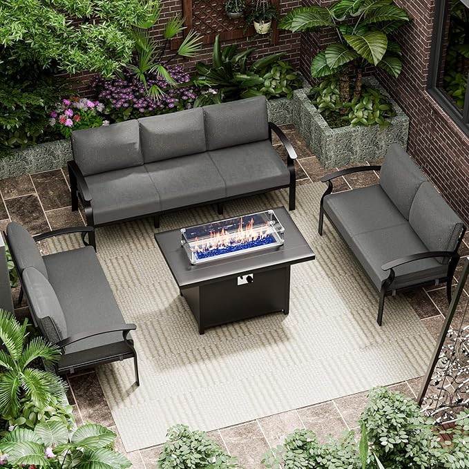 Aluminum Patio Furniture Set with Fire Pit Table, 7 Seats Outdoor Conversation Set Modern Metal Patio Sectional Sofa with Upgrade Cushions for Patio, Backyard (Grey)