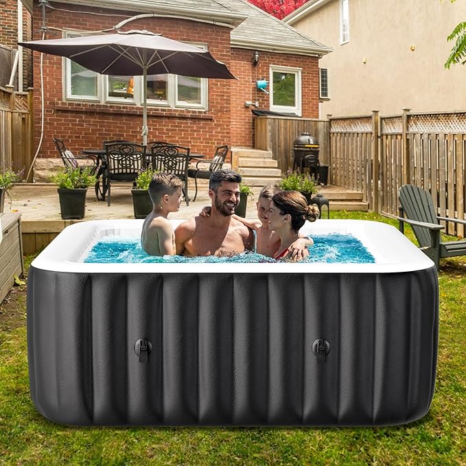 73"X73"X25" Hottub, 4-6 Person Inflatable Hot Tub, Portable Blow Up Hot Tub Square Portable Outdoor Spa with 130 Bubble Jets and Heater Pump, Filter