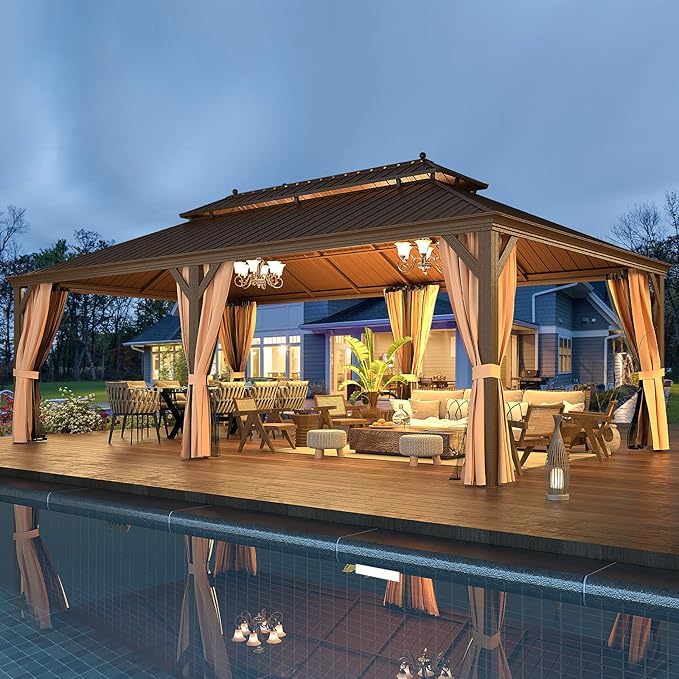 EROMMY 14'x24' Hardtop Gazebo Double Roof Galvanized Steel Outdoor Gazebos with Aluminum Frame, Netting and Curtains, Permanent Metal Pavilion for Patio Backyard Deck and Lawns