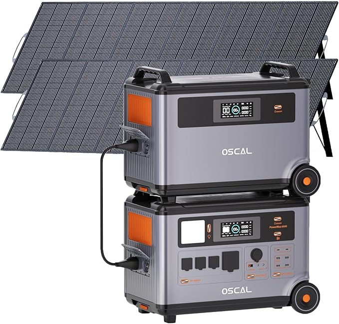 OSCAL 6000W(9000W Peak) Portable Solar Power Station with 2 * 500W Solar Panels, 3600Wh LiFePO4 Battery with 3600Wh Expansion Battery Pack, 2400W Solar Charging Generator for Camping, Home, Emergency