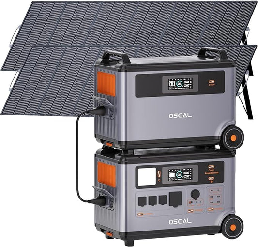 OSCAL 6000W(9000W Peak) Portable Solar Power Station with 2 * 500W Solar Panels, 3600Wh LiFePO4 Battery with 3600Wh Expansion Battery Pack, 2400W Solar Charging Generator for Camping, Home, Emergency