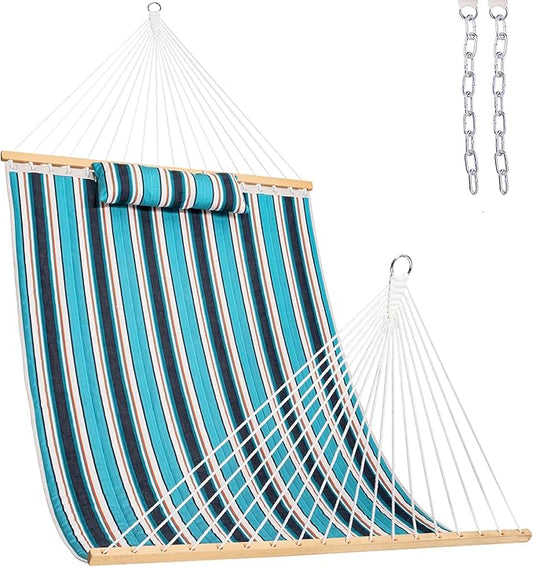 Lazy Daze Hammocks 12 FT Sunbrella Quilted Double Hammock with Hardwood Spreader Bar, 450 lbs Capacity, Blue, Hammock, 2 Person, Patio, Outdoor, All Weather