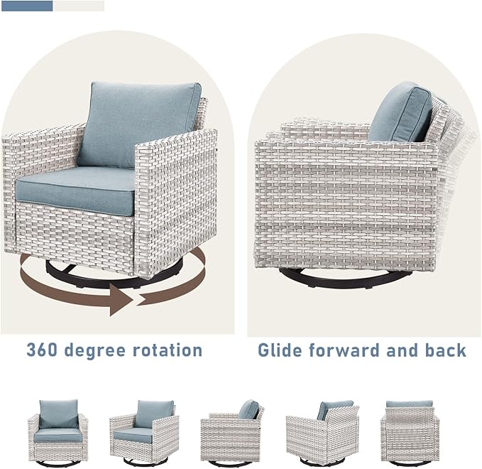 Luxury Outdoor Swivel Rocker Patio Chairs Set of 2, Swivel Patio Chairs for Porch, Yard, Deck, Poolside, Light Grey/Light Blue