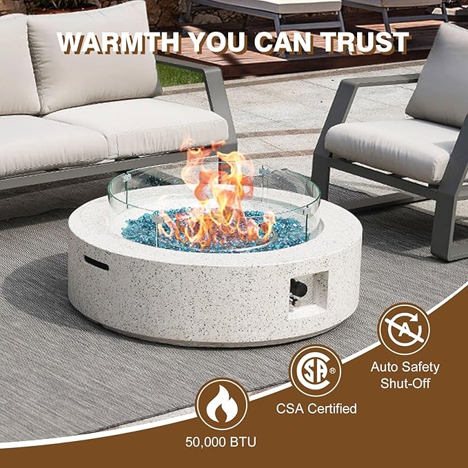 2-Piece Outdoor Propane Fire Pit Table Set – Premium Terrazzo-Like MgO Finish, Round Gas Fire Table with Glass Wind Guard for Patio, Garden & Backyard, Includes Rain Cover & Glass Beads