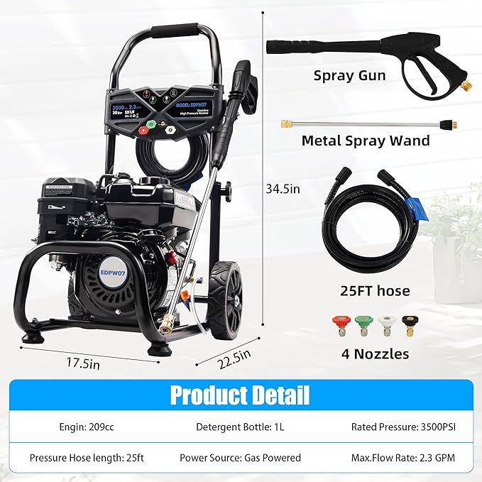Ezasin 3500 PSI Gas Pressure Washer, 2.3 GPM – Heavy Duty High Power with 209CC 7HP Engine, 25Ft Pressure Hose, Axial Aluminum Pump, Soap Tank, 4 Quick Connect Nozzles (Black)