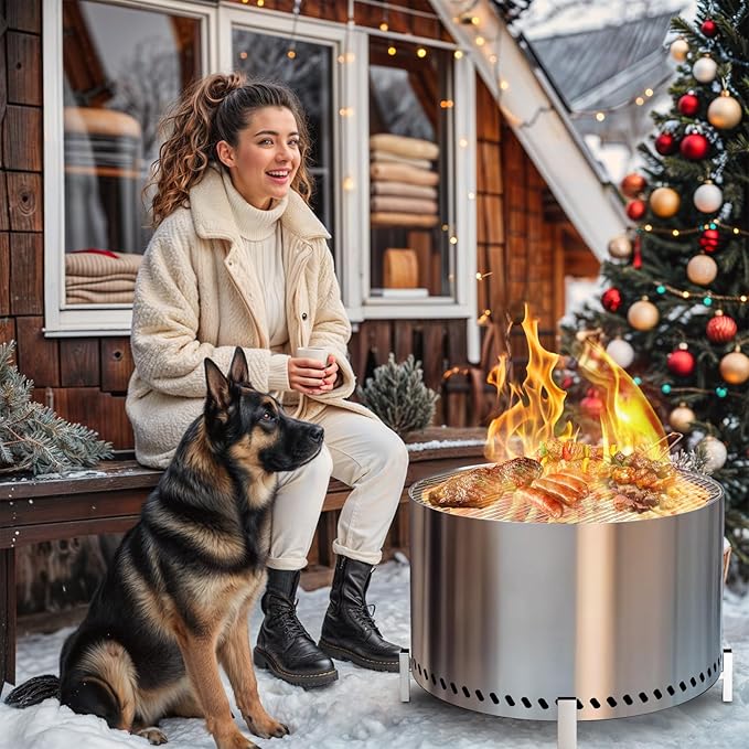 HGD 27.8" Smokeless Fire Pit Stove with Stand & Grill Rack, Large Stainless Steel Wood Burning Firepit for Outdoor Backyard Patio Garden BBQ Party