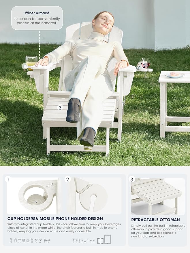 KINGYES Folding Adjustable Adirondack Chair with Ottoman & 2 Cup Holders Set of 4, HDEP Multifunctional Adirondack Chair with Footrest, White