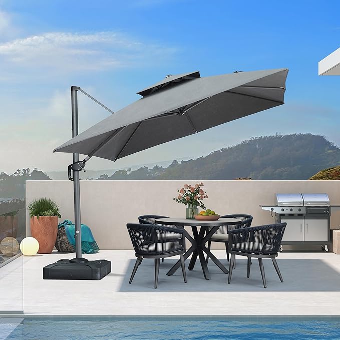 PURPLE LEAF 10 Feet Sunbrella Cantilever Umbrella Outdoor Double Top Large Hanging 360-degree Rotation Square Offset Umbrella for Patio Deck Pool Garden Backyard Cast Slate