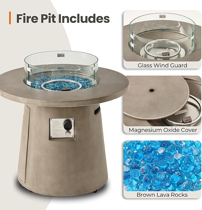 HOMPUS Outdoor Propane Fire Pit, 31-inch Round Gray Propane Fire Pit with 10 lbs Aqua Blue Fire Glass, 40000 BTU Gas Smokeless Fire Pit Table, Patio Concrete Firepit with Rain Cover