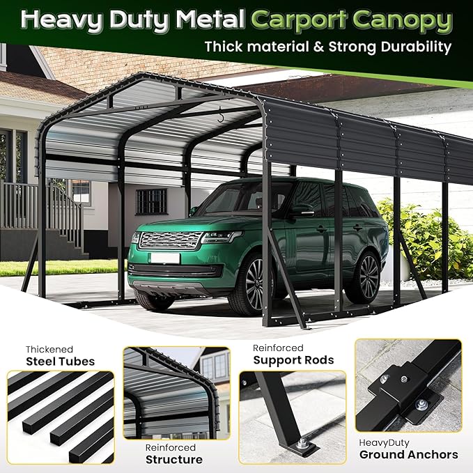 Heavy Duty Metal Carport Canopy, 12x20 FT Outdoor Car Port with Waterpoorf Metal Roof& Side Support Rods, Multi-Use Shelter Outdoor Garage for Car, Boats and Truck