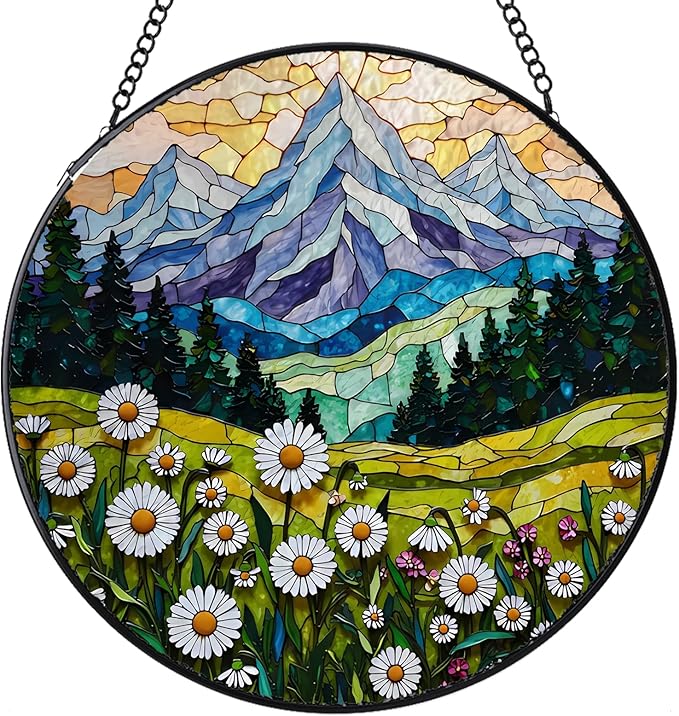 Stained Glass Window Hanging, Daisy Flowers Mountain Stained Glass Suncatchers Indoor Windows Glass Panel Garden Hanging Decor Birthday for Women 6.3 in