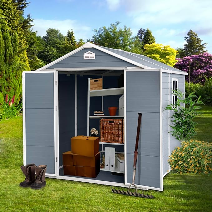 6 ft x 8 ft Resin Outdoor Storage, Plastic Garden Sheds with Floor and Lockable Door for Backyard, Lawn, Grey