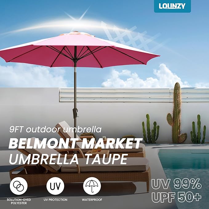 LOUNZY 9FT Large Outdoor Patio Umbrella Table Umbrella-UV Resistant,Easy Push Button Tilt and Crank,8 Sturdy Fiberglass Ribs Pool Umbrella for Patio,Backyard,Deck,Yard,Market