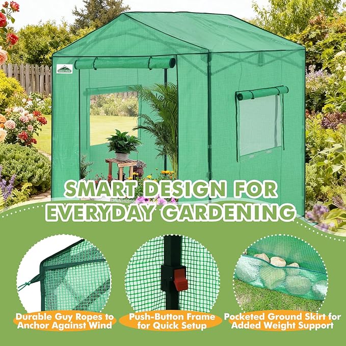 EAGLE PEAK 6x6 Portable Pop Up Greenhouse, Patented Center Lock Easy One Person Setup, Walk-in Outdoor Greenhouse with Gable Roof, Weight Bags, Zippered Doors & Windows, Green