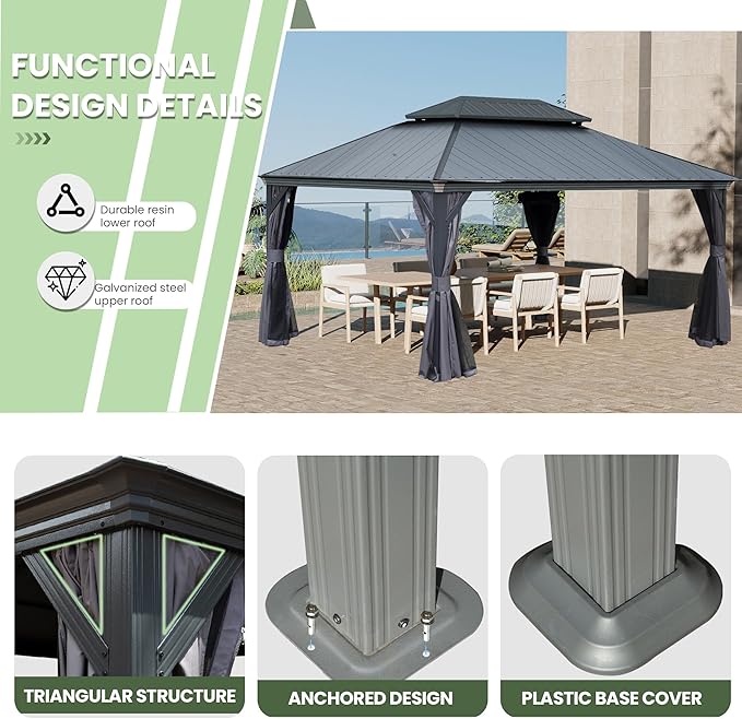 Domi 12' X 16' Hardtop Gazebo, Upgraded Metal Gazebo with Dual-Layer Resin Roof, Drainage System, Curtain and Netting, Outdoor Shelter Canopy for Patio, Garden, and Backyard, Grey