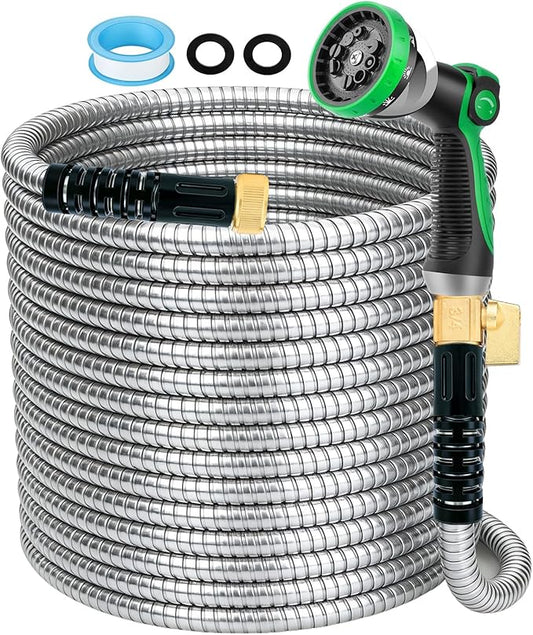 Stainless Steel Garden Hose 25 ft - Heavy Duty Durable Metal Water Hose, Kink Resistant, Lightweight, Flexible, Rust Proof, UV Resistant - Ideal for Yard, Lawn, Plant Watering & Car Washing