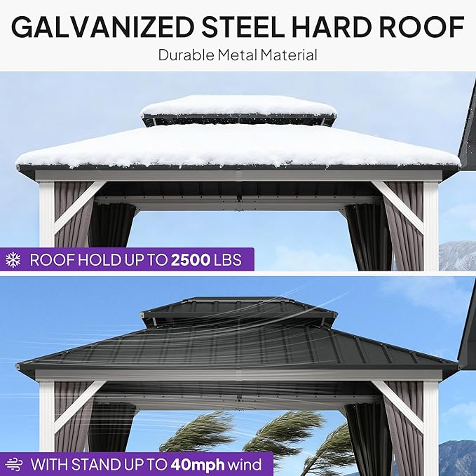 PURPLE LEAF 8' X 10' Hardtop Gazebo Metal Double Roof White Aluminum Frame Outdoor Heavy Duty Gazebo with Curtain and Netting for Patio Garden and Backyard, Grey