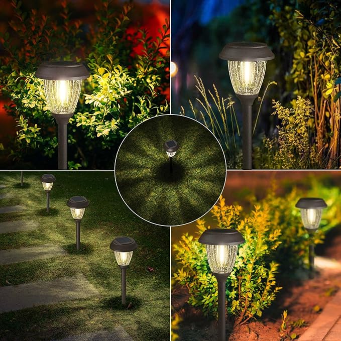 XMCOSY+ Solar Pathway Lights Outdoor, Glass & Stainless Steel Garden Lights with 2 Lighting Modes (10/25 LM), IP65 Waterproof, Warm White for Yard, Walkway, Driveway, Patio & Path (6 Pack)