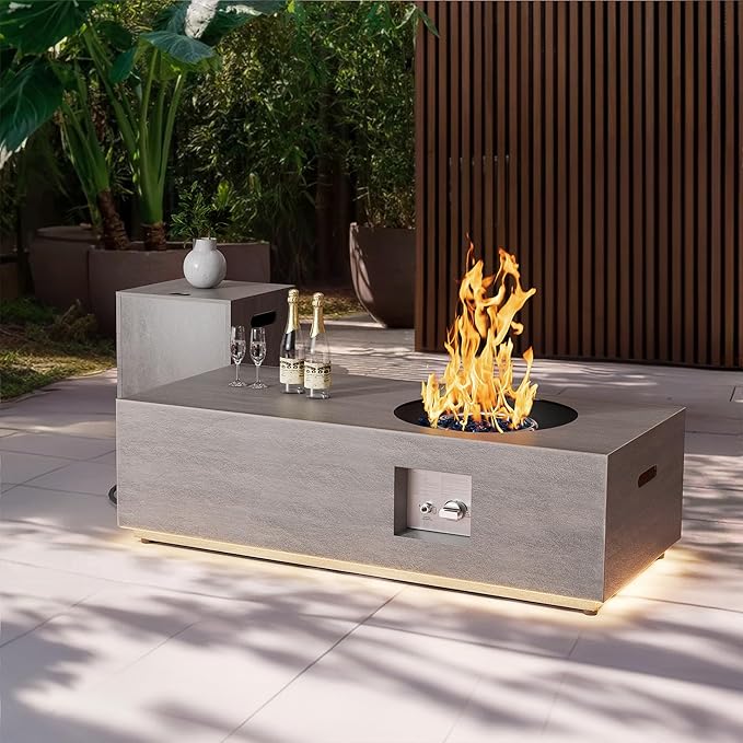 48" Patio Propane Fire Pit Table with Round Burner – 50,000 BTU Fire Pit Table with Lid, Rocks, Cover and Tank Storage – Large Modern Outdoor Deck Heater Table (Grey/Golden Light, 48" LED)