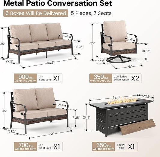 5 Piece Black Metal Outdoor Patio Furniture Sets with Firepit Table, Patio Conversation Sets 1 3-seater Sofa, 1 2-seater Sofa, 2 Swivel Sofa with 5.75" Cushion for Backyard Deck, Beige