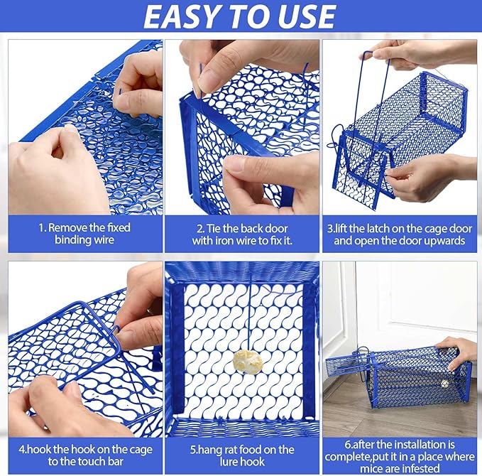 Qualirey 4 Pcs Humane Rat Trap Chipmunk Squirrel Cage Trap Foldable Rodent for Small Live Animal Voles Hamsters Catch and Release for Kitchen Yard Garage Indoors Outdoors (Blue)