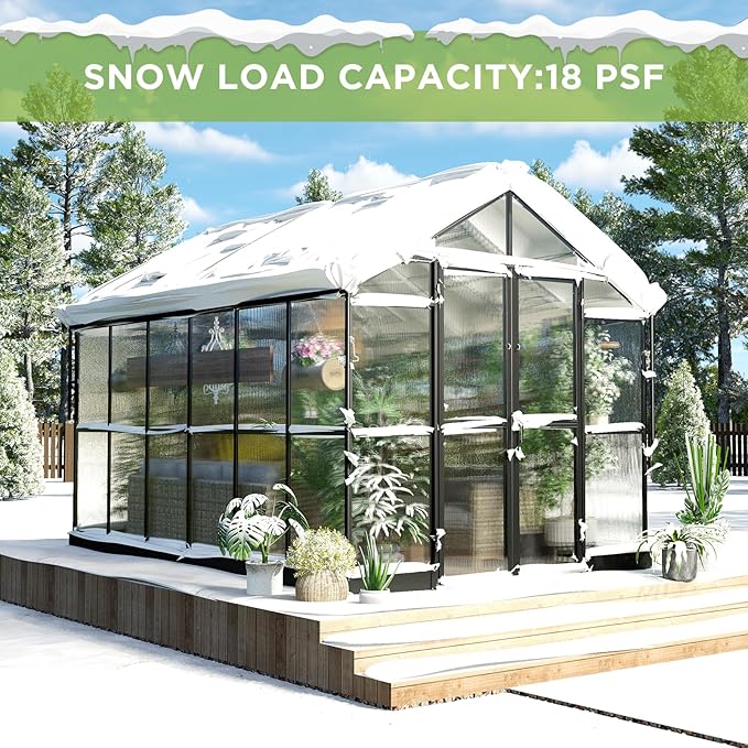 HOWE 8x12x7.5 FT Polycarbonate Greenhouse Double Swing Doors 4 Vents 5.2FT Added Wall Height, Walk-in Large Aluminum Greenhouse Sunroom Winter Greenhouse for Outdoors, Black