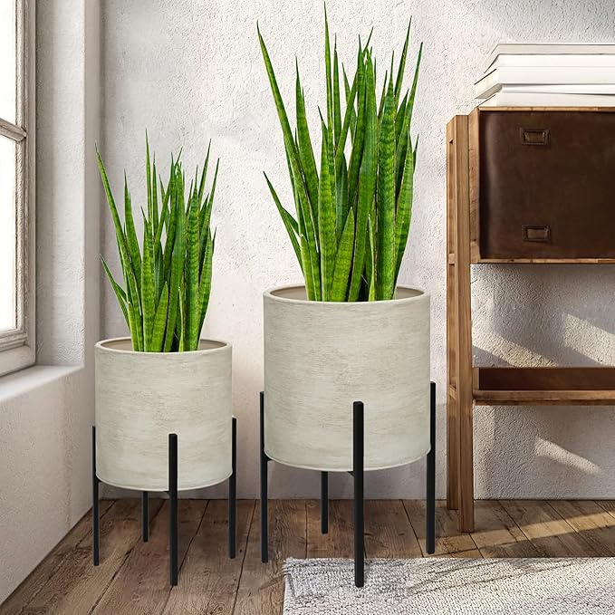 ARNIS Modern Plant Pots, Large Planters with Stand, Set of 2 Decorative Planters, Metal Pots with Drainage Holes for Living Room, Office, Garden or Balcony, 10.5 &12.55 Inch, Dirt