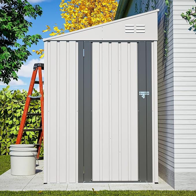 4x7 FT Outdoor Storage Shed Lean to Shed,Metal Shed W/Lockable Door & Air Vent,All Weather Waterproof Garden Tool House W/Reversible Installation,for Backyard,Patio,Lawn,White