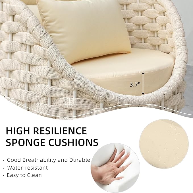 TWT Outdoor 3-Piece Conversation Set Rust Free Patio Furniture Set Already Assembled Compact-Weave Rope Olefin Modern Sofa Seating with Thick & Washable Cushions for Indoor, Backyard, Balcony, Cream