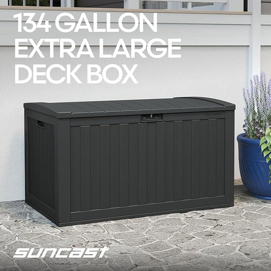 Suncast 134-Gal. Waterproof Resin Extra-Large Outdoor Patio Deck Box with Pad-Lockable Lid, Modern Outdoor Patio Bench/Storage Box for Cushions, Garden Tools, and More, Iron Ore
