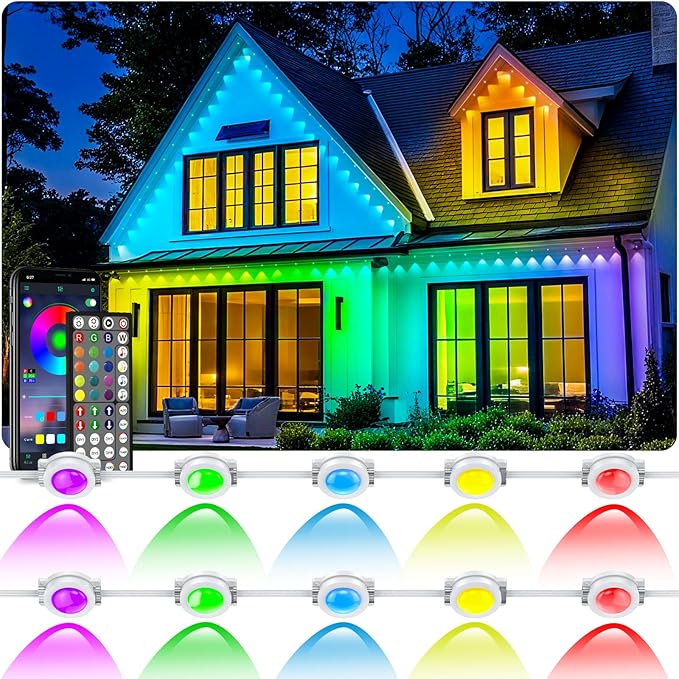 300FT Permanent Outdoor RGB Lights - Waterproof Smart LED Eaves Lights with App/Remote Control, Music Sync & DIY Scenes, Perfect for Christmas, Halloween, Parties & Daily Decor, Ideal for House Roof