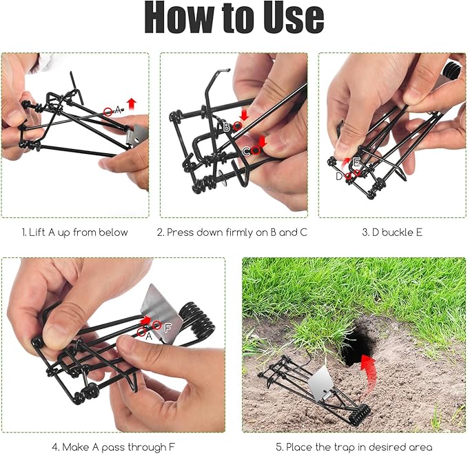 Mole Trap Gopher Trap Outdoor Metal Tactical Rat Vole Traps, Outdoor Reusable Gopher Killer Keep Moles Out of Yard Lawn Garden, Pack of 6, Black