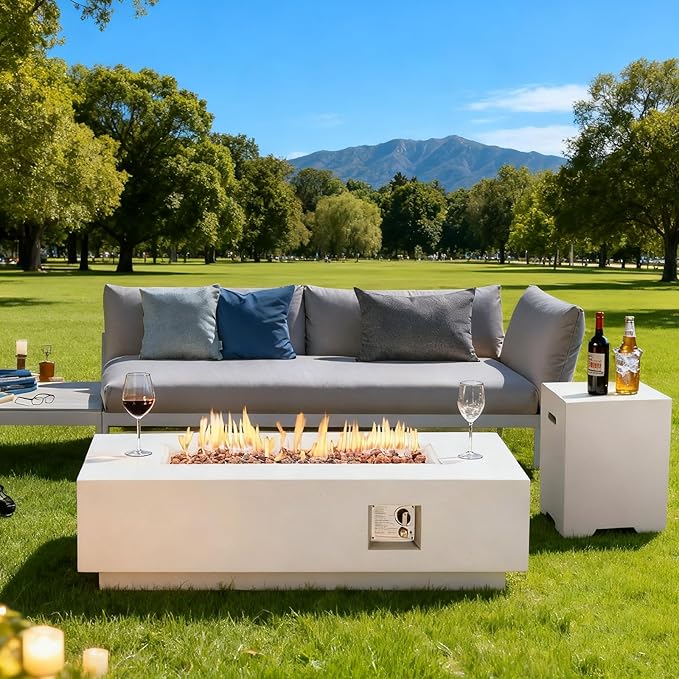 ECOTOUGE 2-Piece Propane Fire Pit Table, Outdoor Gas Fire Pit Set w/Tank Cover,56'' Auto-Ignition Steel Fire Table, 50,000 BTU Rectangle Concrete Fire Pit w/Weather-Resistant Pit Cover,White