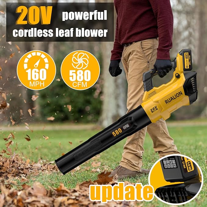 RUALION Leaf Blower Cordless, Electric Leaf Blowers Up to 580 CFM 160 MPH, Battery Powered Blowers for Lawn Care, Patio, Garage(2 * 20V 4.0 Ah Batteries and Charger Included)