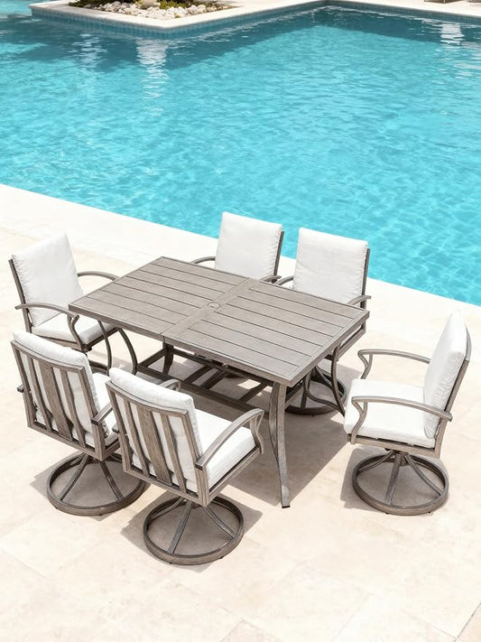 SEEHILL Patio Dining Table for 6, All Weather Outdoor Dining Table with Umbrella Hole, 59.8" x 35.8" Rectangle Patio Table, 6 Person Aluminum Outdoor Patio Table for Deck, Garden Poolside, Limed Oak