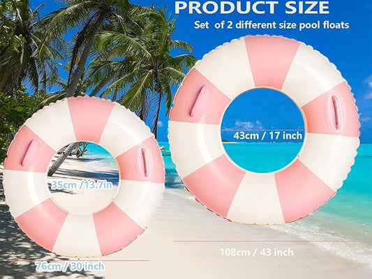 Set of 2 Inflatable Pool Floats for Adults 30" and 43"- Striped Floaties Pool Tubes Swim Rings with Handles Inflatable Pool Float for Swimming Pool Party Lake Beach Adults