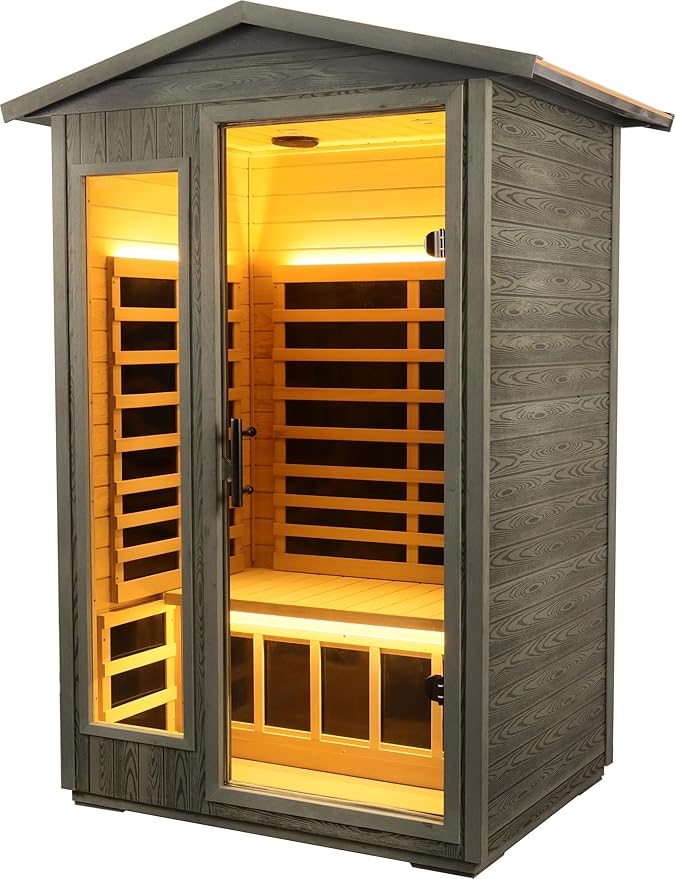 Ultra-Low EMF Outdoor Sauna 2-Person, Carbonized Composite Wood Far Infrared Sauna for Home, EMF 0.1-1mG, 6 Carbon Crystal Heaters, 360° Full Enclosure, Bluetooth & Chromotherapy (57.8*40.5*81.1 In)