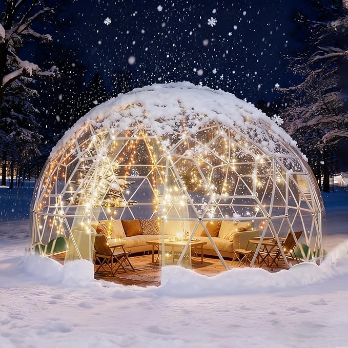 12FT Garden Dome Tent, Geodesic Dome Greenhouse with PVC Clear Cover, Waterproof Garden Bubble Dome Tent House with 2 x 10M Light Strings for Outdoor, Patio, Party