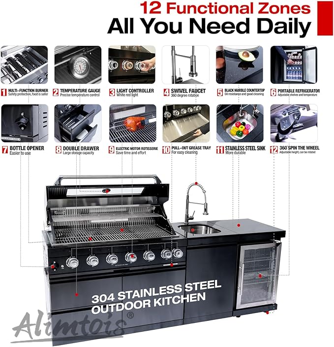 82 Inch 6 Burner 85000 BTU Deluxe Stainless Steel Gas BBQ Island Outdoor Kitchen with Wine Cooler, Rotisserie Kit, Granite Countertops & Stainless Steel Sink - Modular Outdoor Kitchen