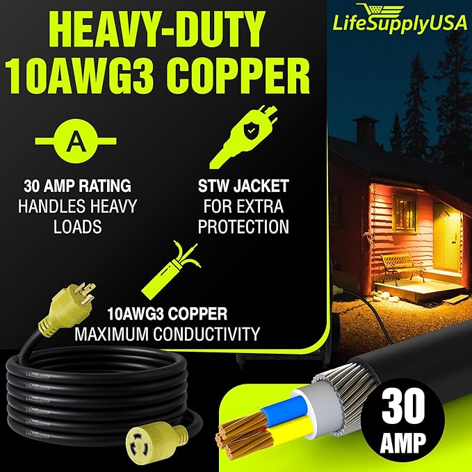 25ft Generator Extension Cord 30 AMP 3-Prong (L5-30P/L5-30R) - 10AWG3 125/250V STW - Hook and Loop Strap ETL Listed by LifeSupplyUSA