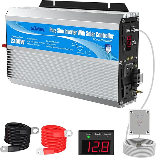 GIANDEL 2200W Pure Sine Wave Power Inverter 12V DC to 110V 120V AC with 20A Solar Charge Control Lithium Battery Compatible and Remote Control&LED Display for RVs Truck Off Grid Solar System
