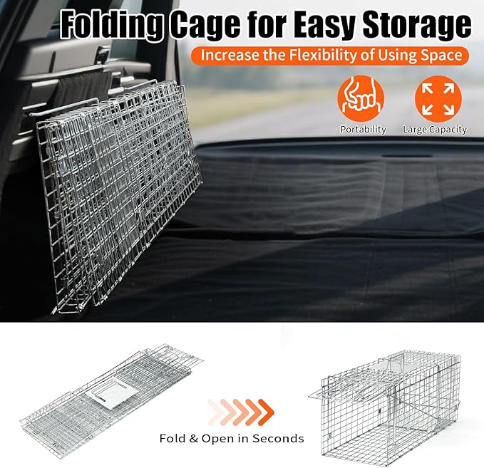 Uablun 31" Live Animal Trap, Heavy Duty Folding Squirrel Traps Outdoor, Humane Catch & Release Cat Trap for Stray Cats, Raccoons, Squirrel, Skunk, Mole, Groundhog, Armadillo, Rabbit