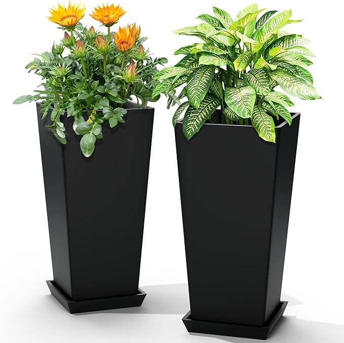 24" Tall Planters for Outdoor Plants, Set of 2 Large Outdoor Planters for Front Porch Decor with Drainage Hole, Front Porch Decor (Black)