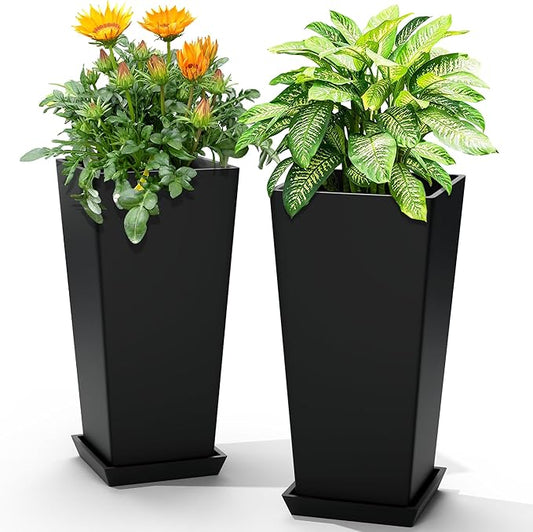 24" Tall Planters for Outdoor Plants, Set of 2 Large Outdoor Planters for Front Porch Decor with Drainage Hole, Front Porch Decor (Black)