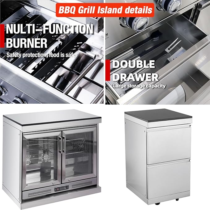 BBQ Grill Island Outdoor Kitchen: Luxury 160 Inch 6-Burner 96000 BTU Stainless Steel Built-in Propane Gas Barbecue Station with Wine Cooler Refrigerator, Rotisserie, Storage Cabinets, Drawers, Sink