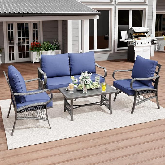 4 Piece Patio Furniture Set, All Weather Outdoor Sectional Sofa Conversation Set with Thick Cushions and Metal Coffee Table for Garden, Porch, Lawn, Blue