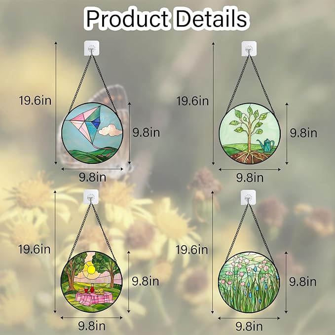 AMDERVEN Stained Glass Window Hanging 4 Pcs Set Pink Green Spring Saplings Flowers 9.8" - Suncatcher Door Garden Sun Catcher Home Decor Mother's Day for Woman Nana Mom Men